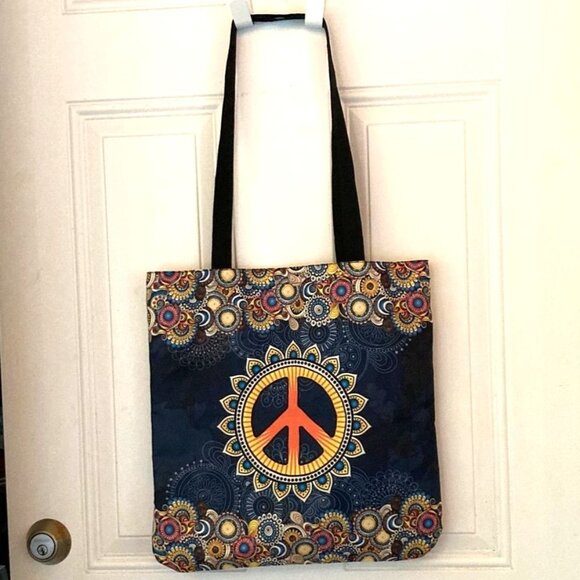 BOHEMIAN Boho PEACE Mandala Tote Bag Navy and Orange 16 x 16 in - Picture 2 of 8